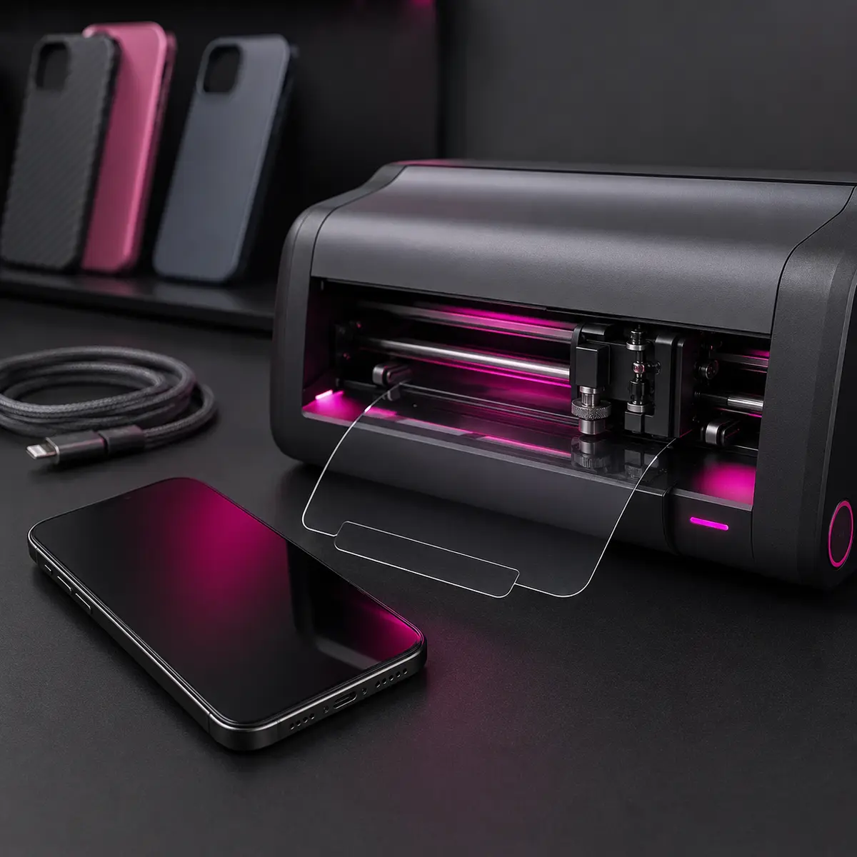 Máquina de corte de película de hidrogel ao lado de smartphone e acessórios